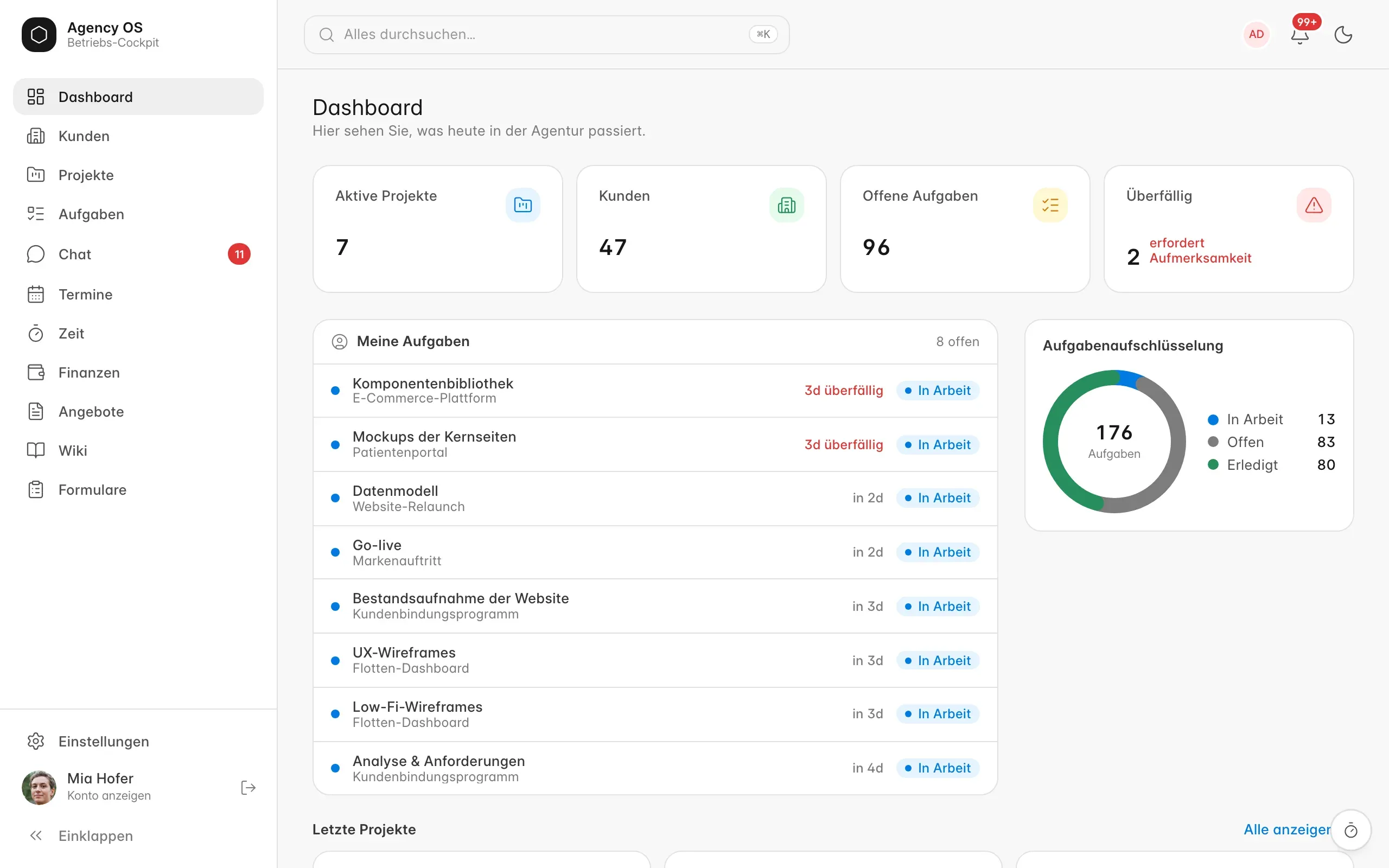 Agency OS auf einem Laptop: Dashboard mit Kennzahlen und eigenen Aufgaben