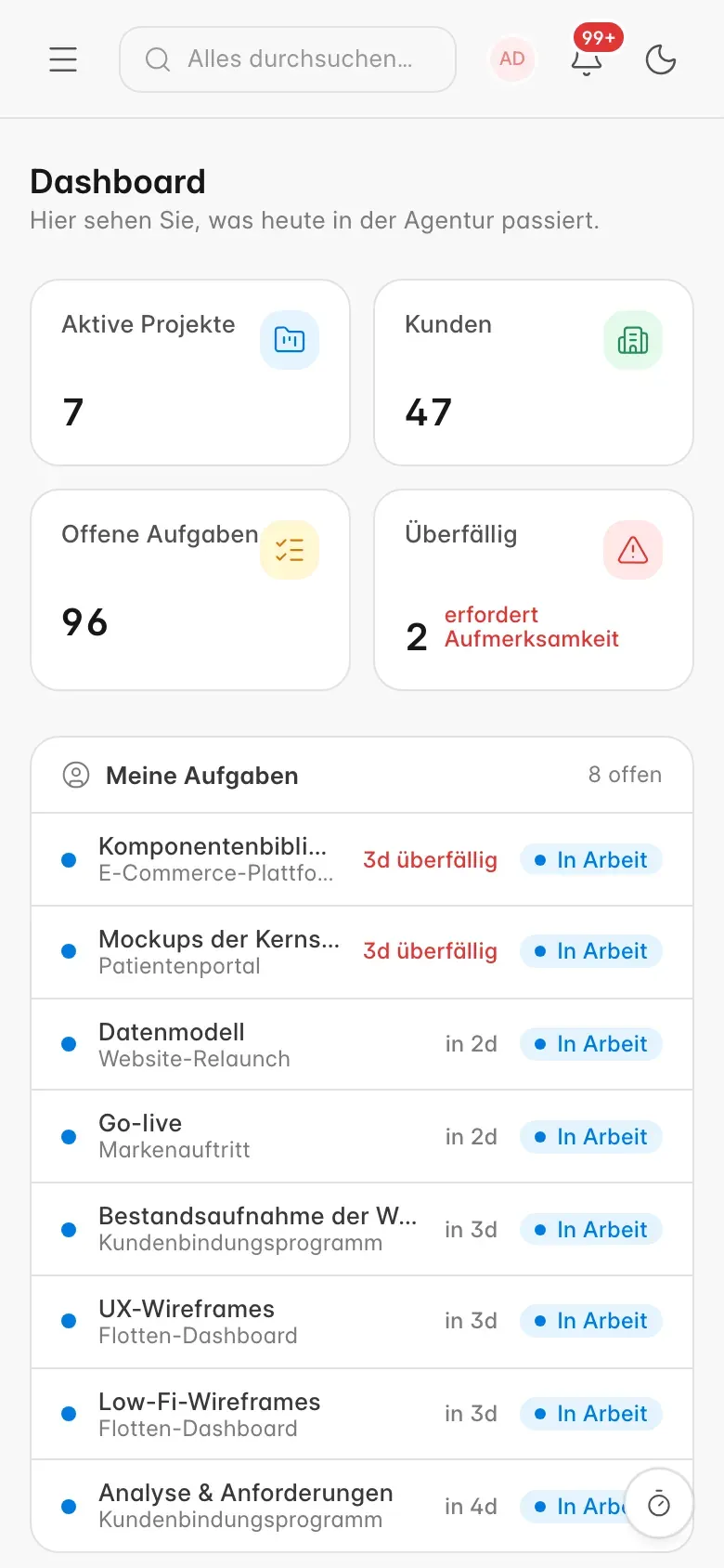 Dasselbe Agency-OS-Dashboard auf einem Smartphone, einspaltig