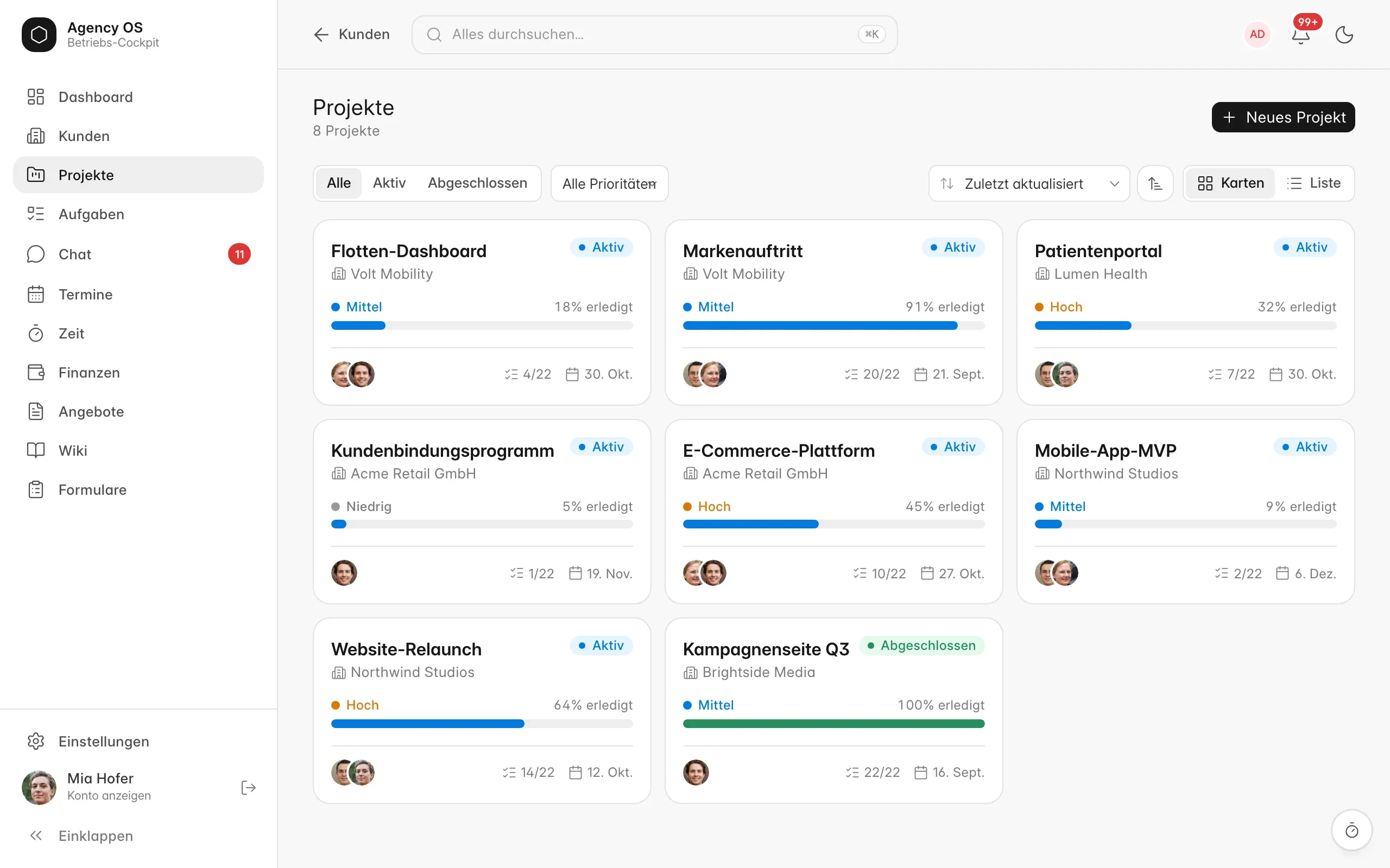 Projektübersicht in Agency OS mit Fortschritt, Team und Termin